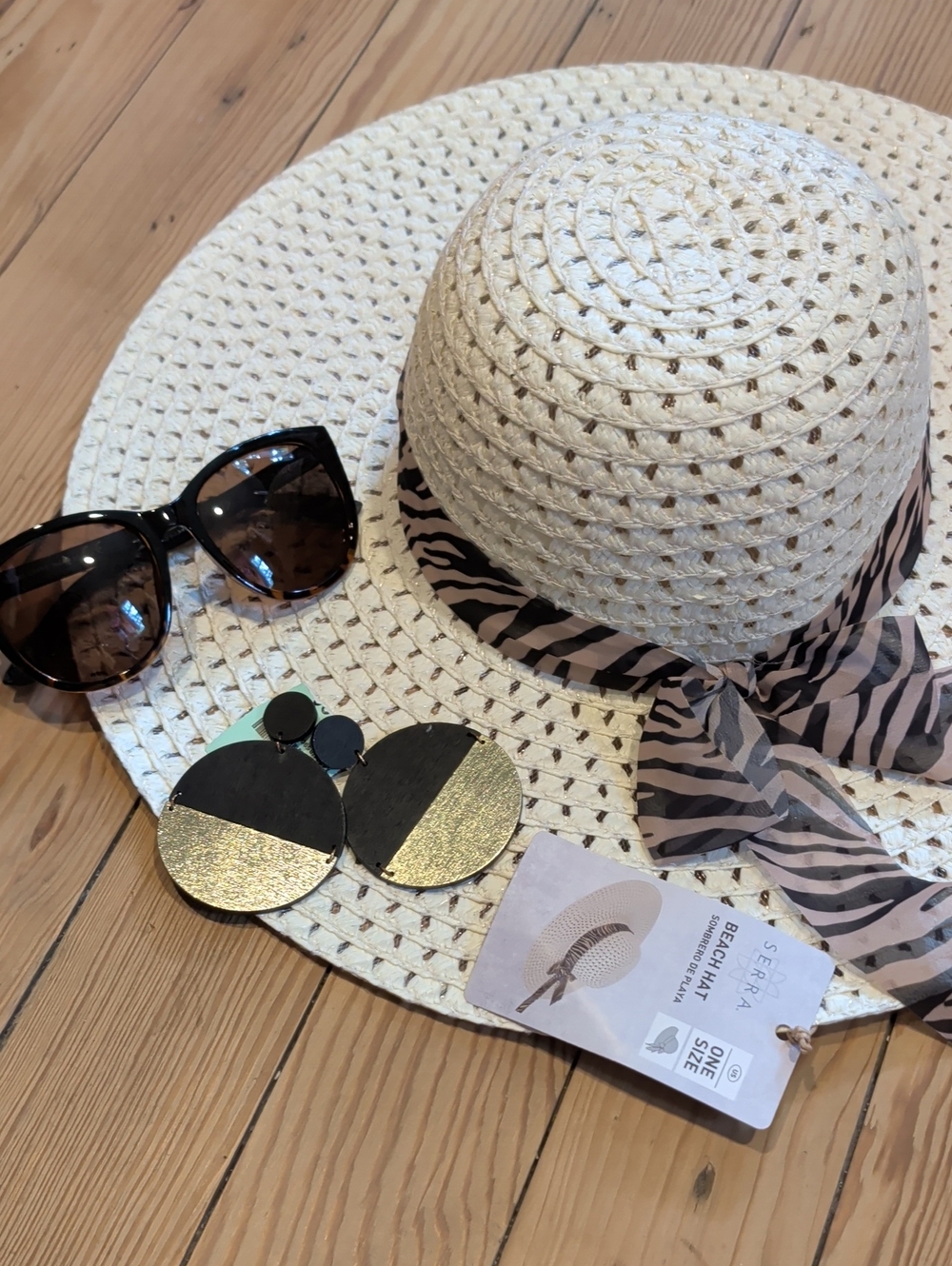 Serra Cream Straw Hat with Black & Pink Zebra Scarf Shades And Earrings